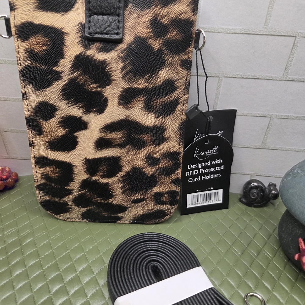 Leopard Print Crossbody Phone Bag with Black Strap - Picture 2 of 3